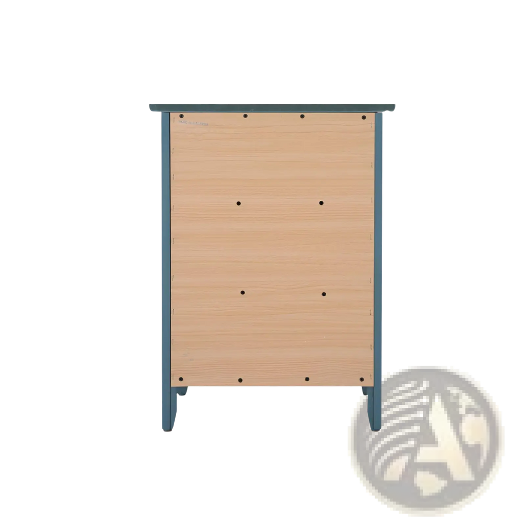 Teal wood nightstand with 3 drawers silver knobs matte teal frame and light wood grain panels in a minimalist design