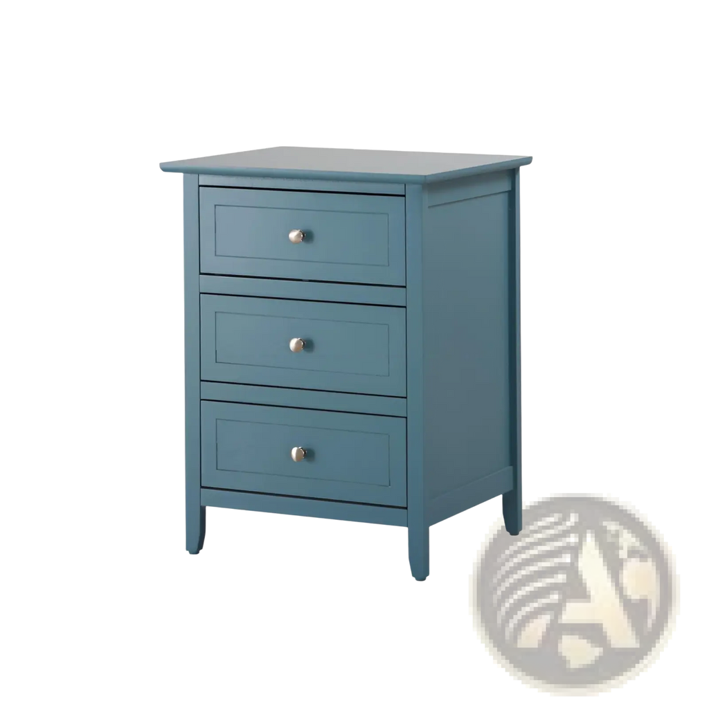 Teal wood nightstand featuring three drawers with round silver knobs for stylish bedroom storage