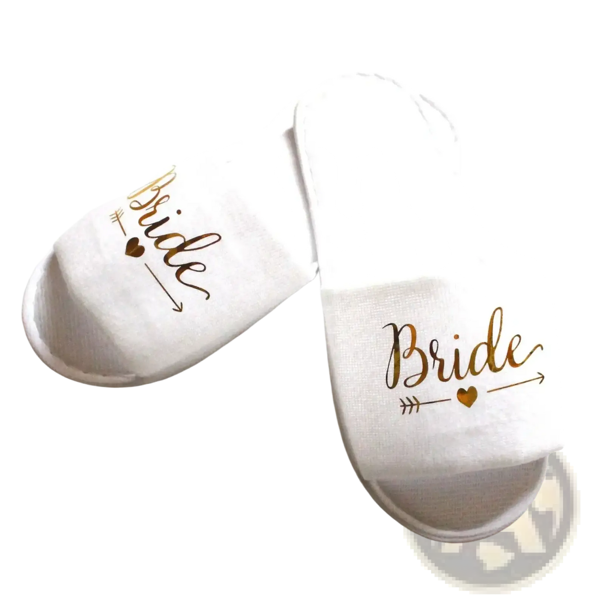 White slip-on slippers with gold foil bride script and arrow-heart design for team bride bachelorette party