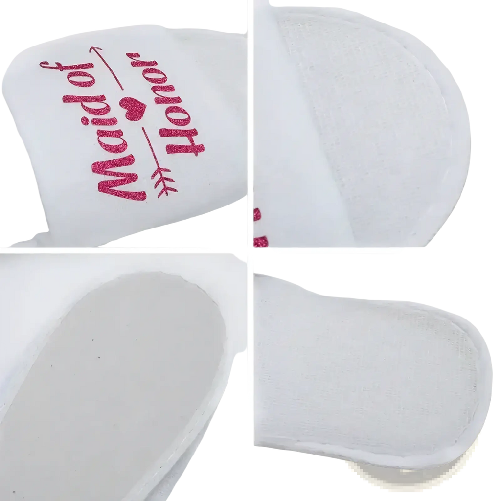 White plush slip-on slippers with pink glitter maid of honor text and heart for team bride bachelorette party