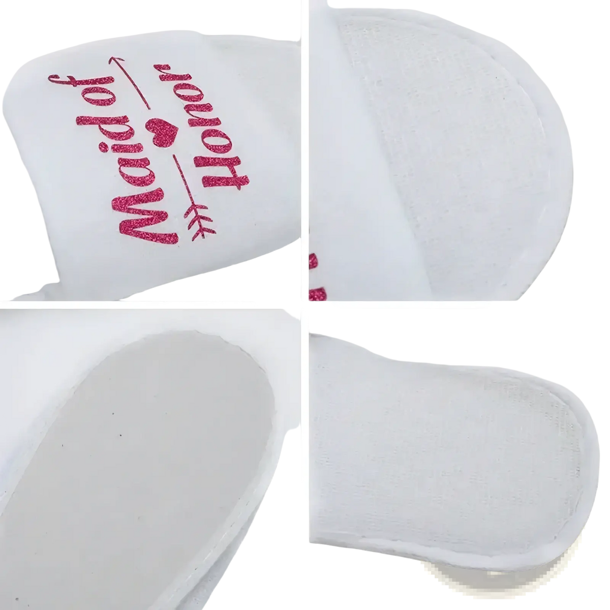 White plush slip-on slippers with pink glitter maid of honor text and heart for team bride bachelorette party