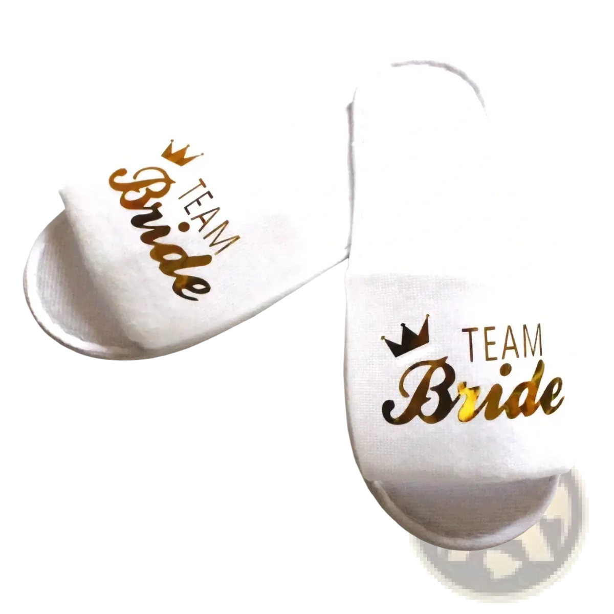 White slip-on slippers with gold foil team bride lettering and crown for bachelorette party use