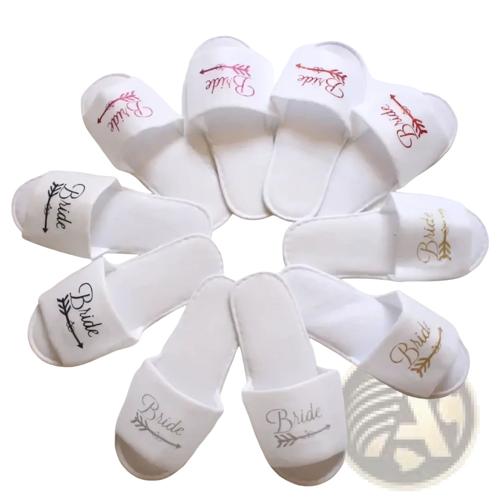 White slip-on sandals with bride embroidered in pink black gold and silver accented by decorative arrows for bachelorette party