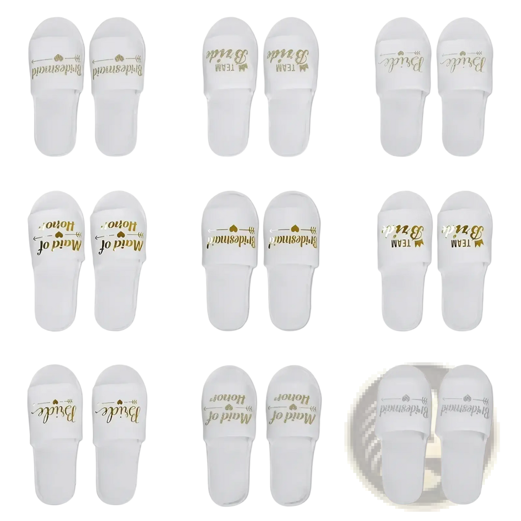 White slip-on sandals with gold foil lettering and decorative arrows featuring bridesmaid maid of honor and bride team text