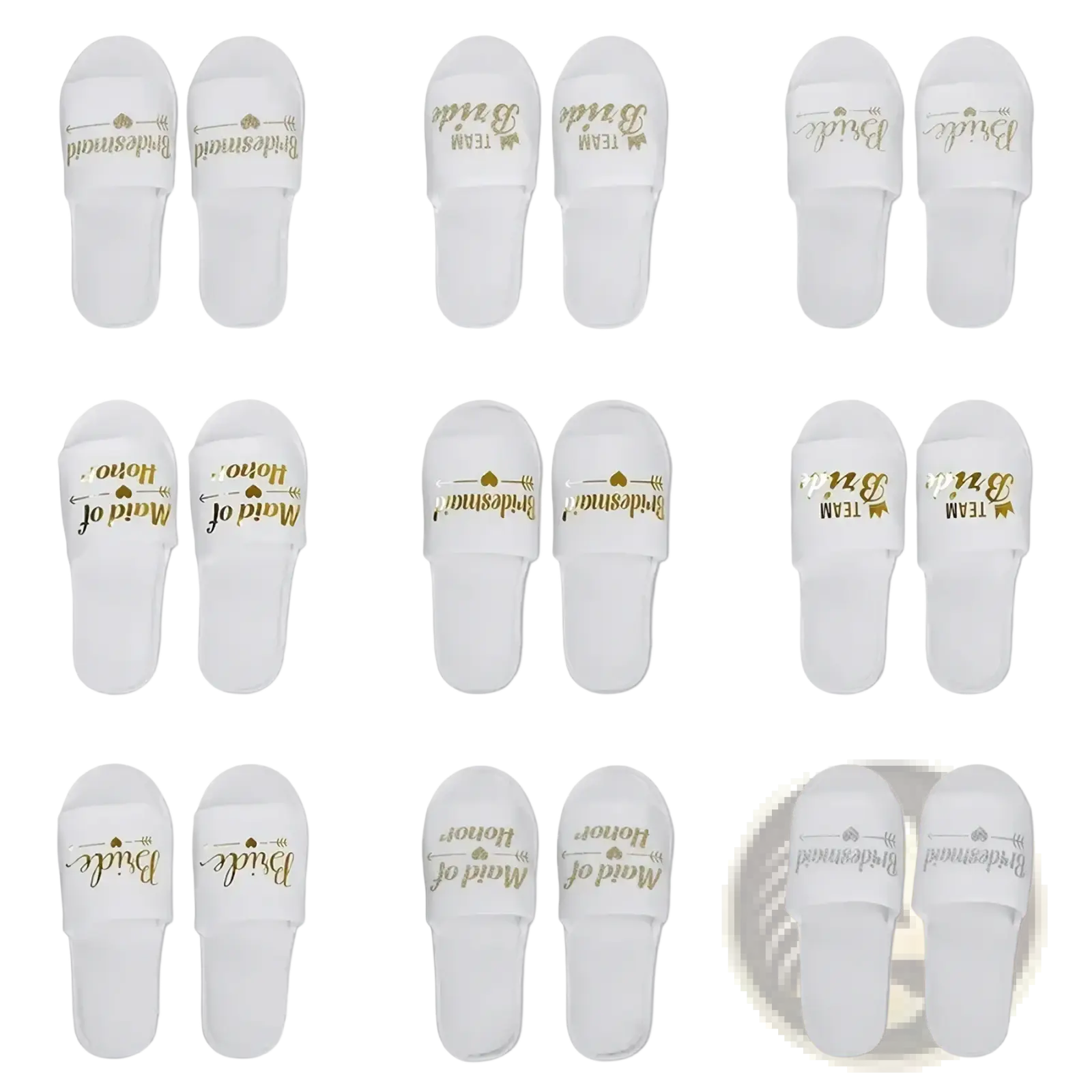 White slip-on sandals with gold foil lettering and decorative arrows featuring bridesmaid maid of honor and bride team text