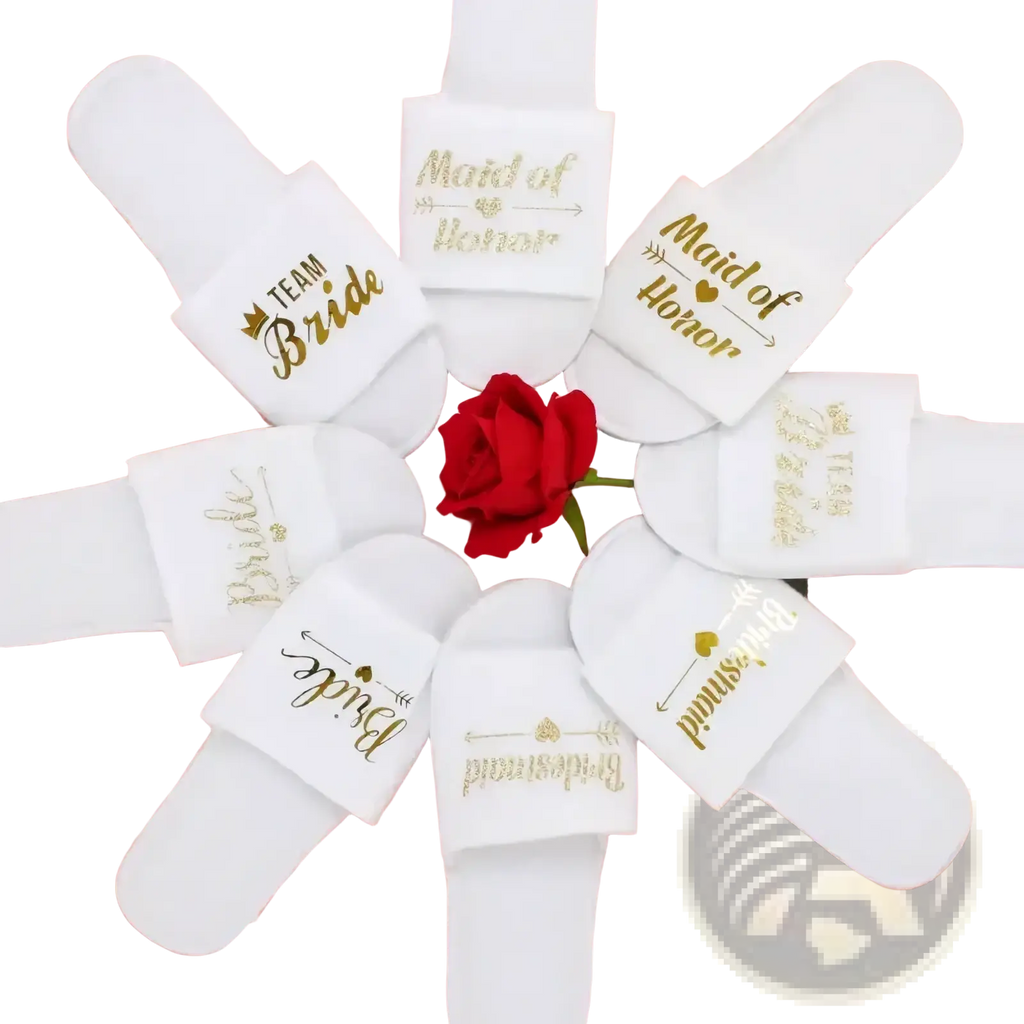 White slip-on sandals with gold foil lettering and decorative arrows featuring bride maid of honor and bridesmaid roles for bachelorette party