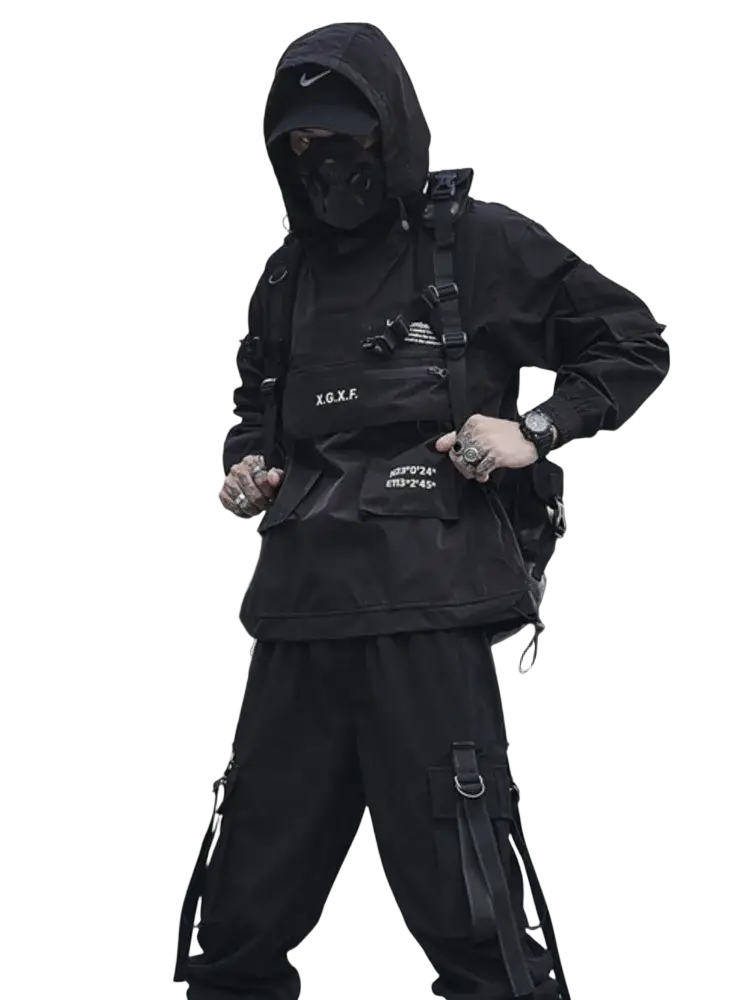 Black techwear tactical hoodie with hood front pockets and adjustable straps designed for waterproof protection