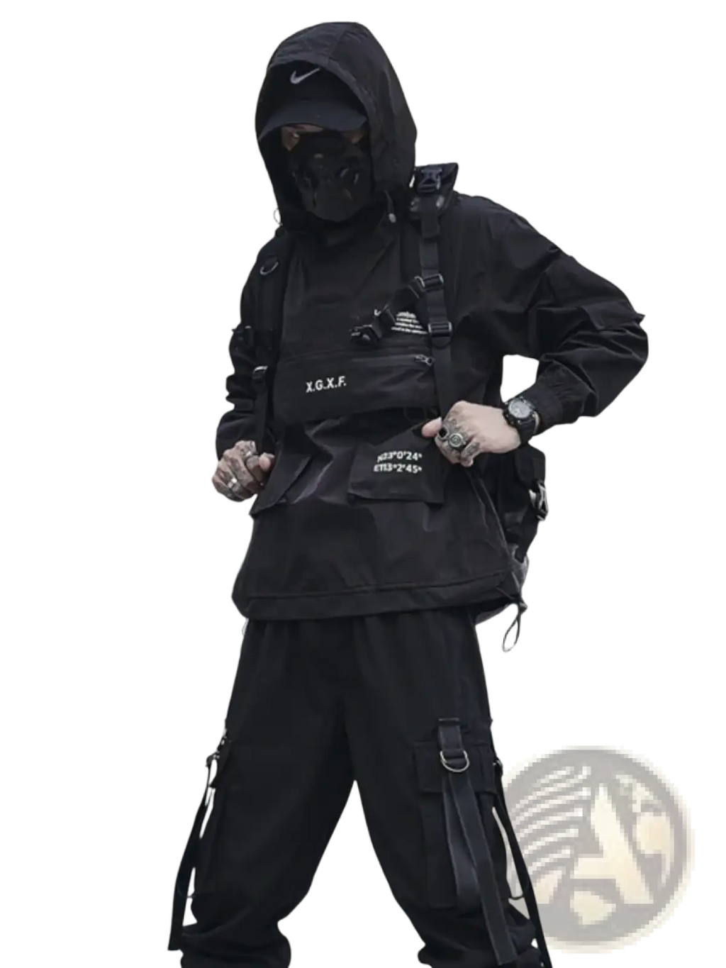 Black techwear tactical hoodie with hood front pockets and adjustable straps designed for waterproof protection