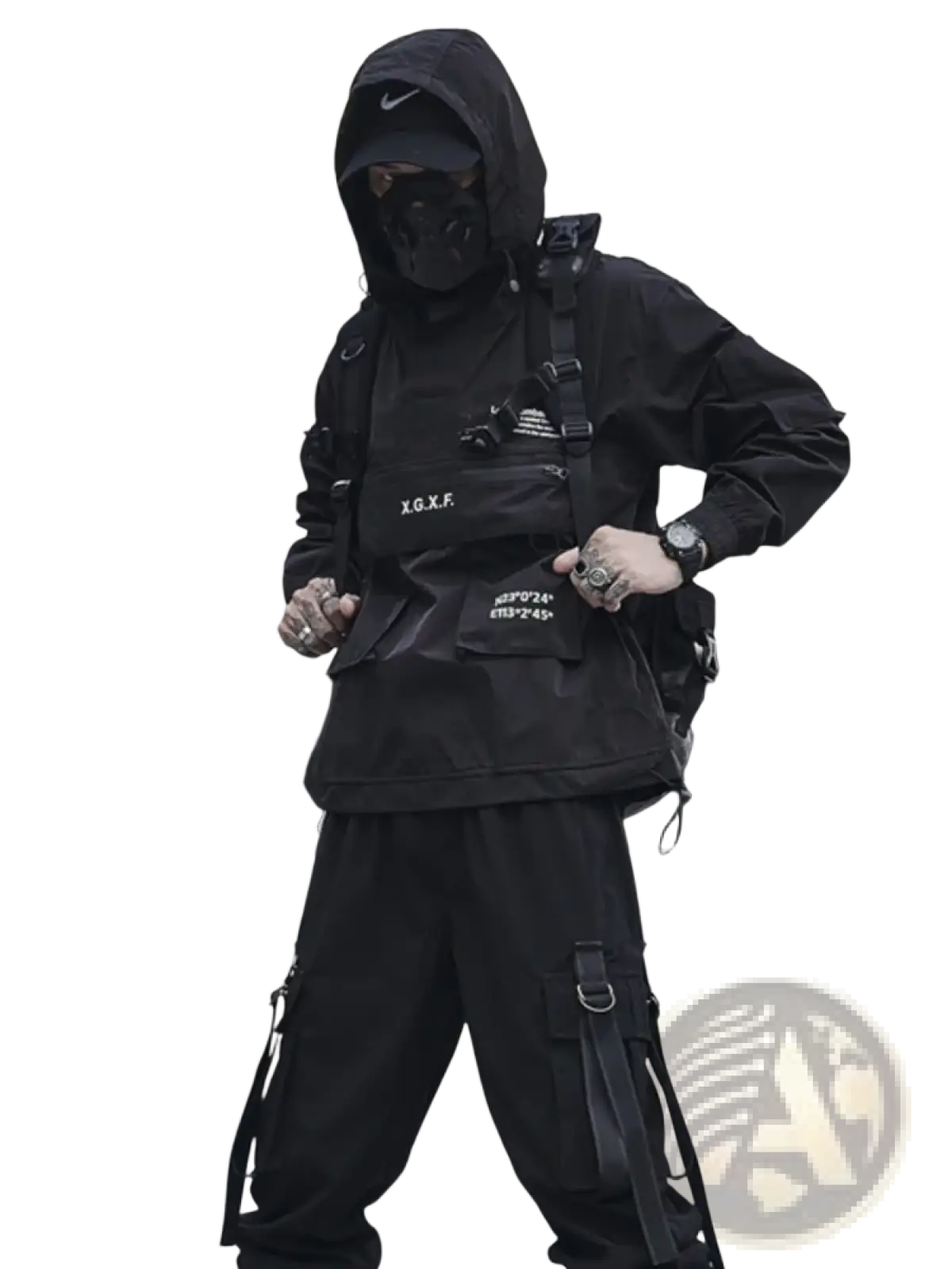 Black techwear tactical hoodie with hood front pockets and adjustable straps designed for waterproof protection