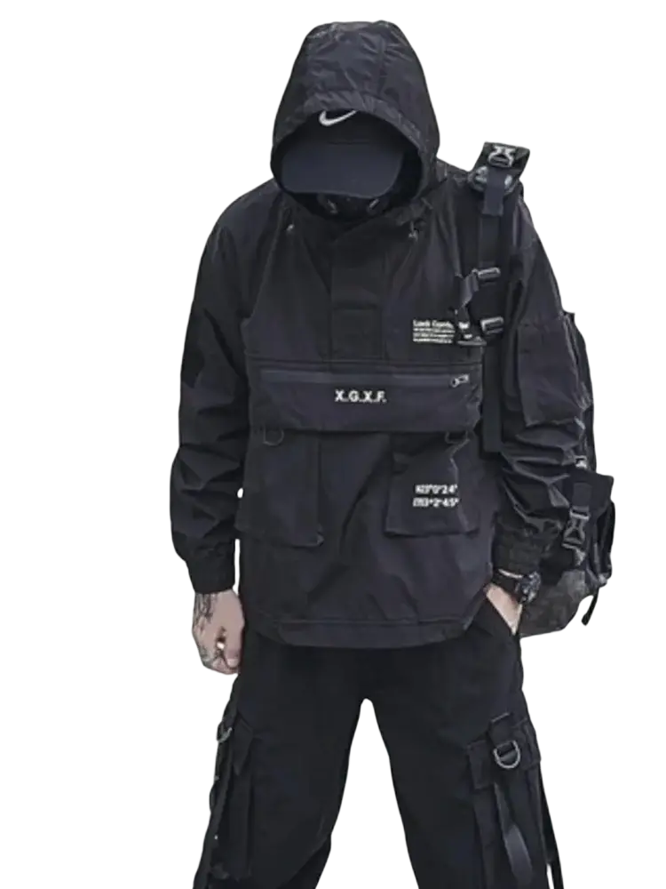 Black hooded techwear tactical waterproof jacket with multiple pockets and white chest logo for outdoor use