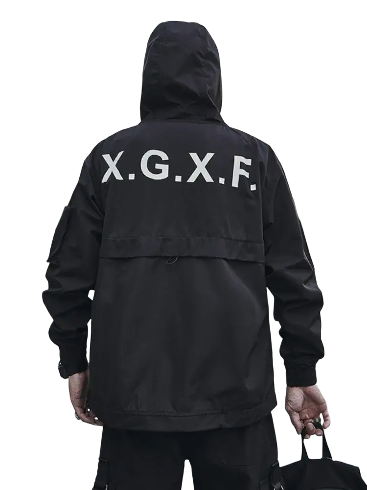 Back view of black techwear tactical waterproof hoodie jacket with white x.g.x.f. lettering on the back