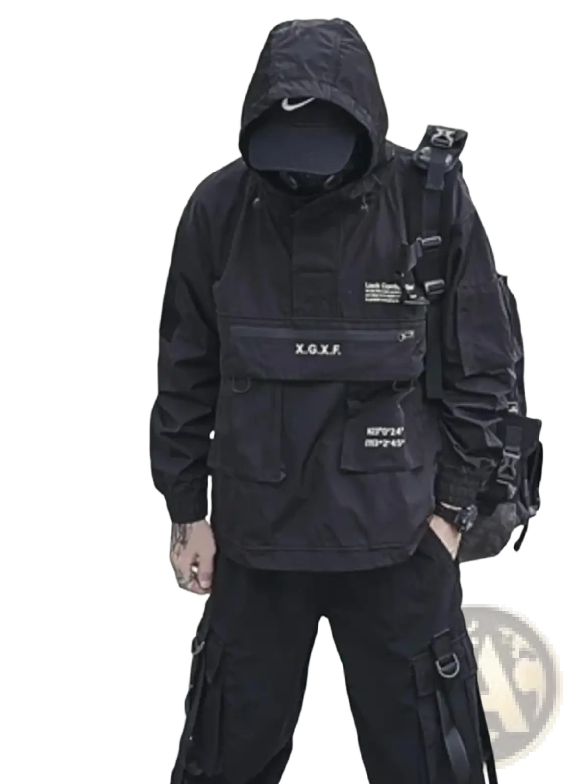Black hooded techwear tactical waterproof jacket with multiple pockets and white chest logo for outdoor use