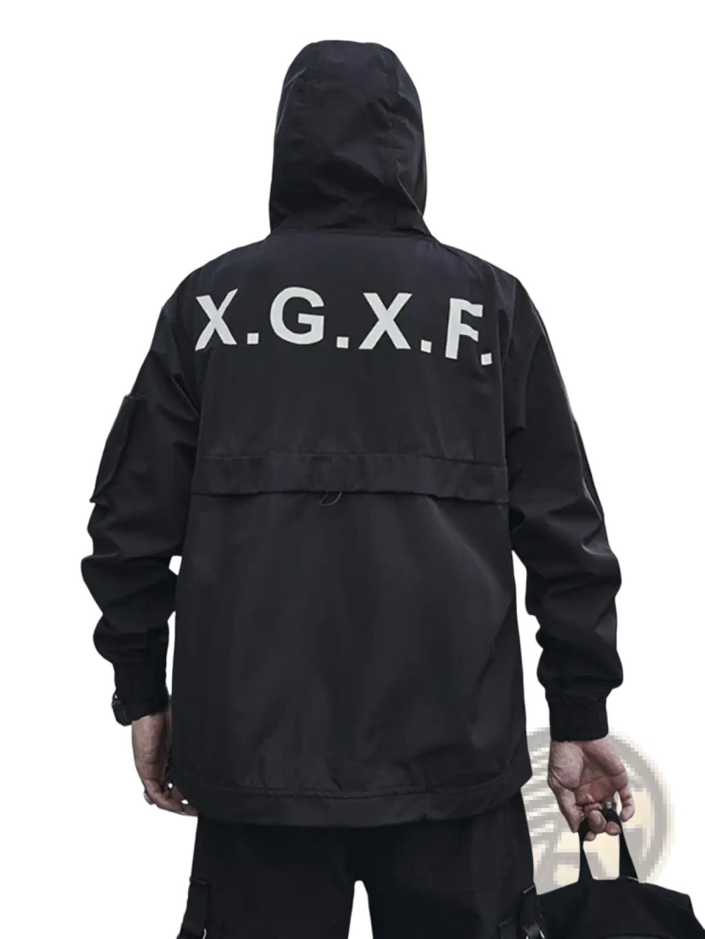 Back view of black techwear tactical waterproof hoodie jacket with white x.g.x.f. lettering on the back