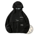 Black x.g.x.f techwear tactical hoodie waterproof jacket showing the back side with durable water-resistant fabric