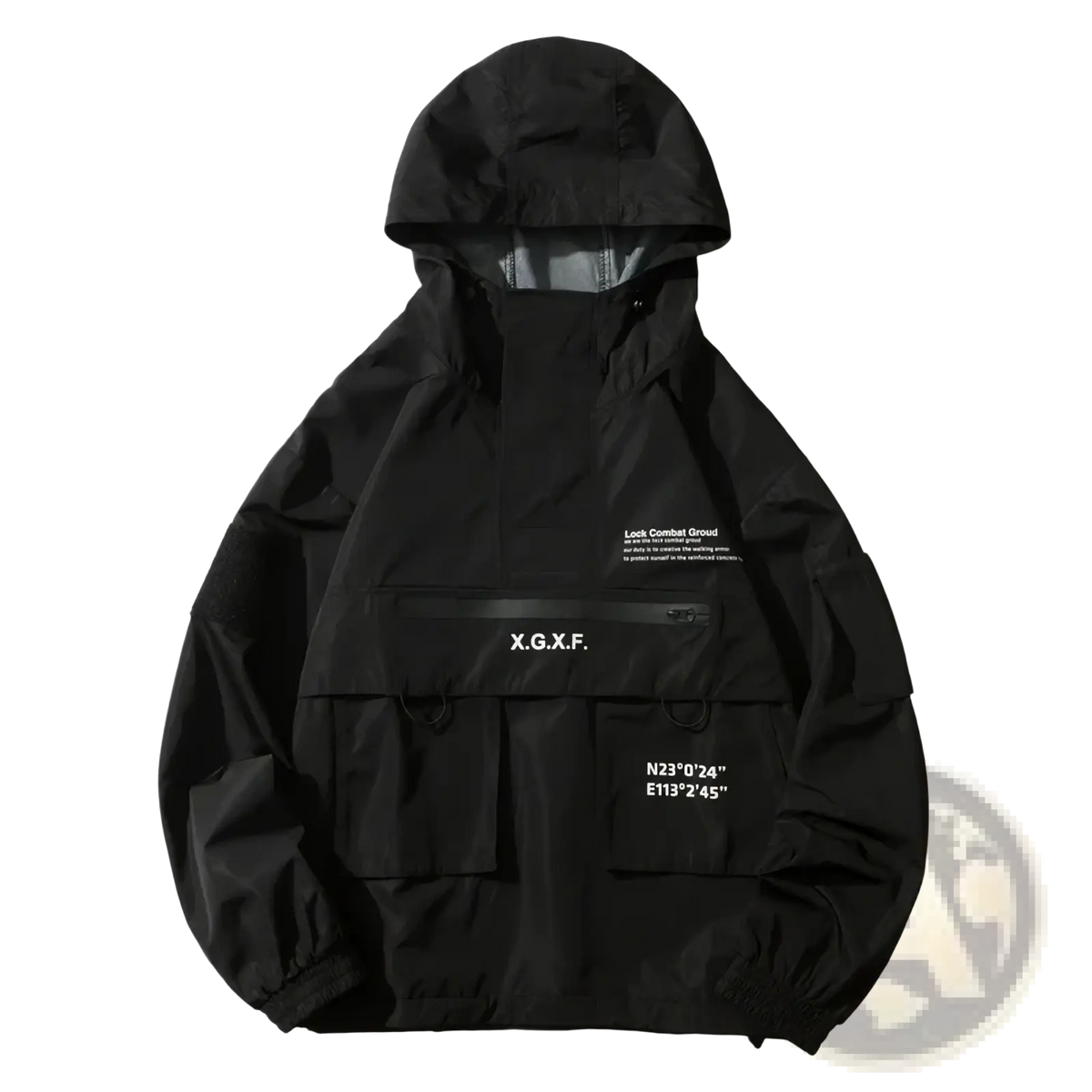 Black x.g.x.f techwear tactical hoodie waterproof jacket showing the back side with durable water-resistant fabric