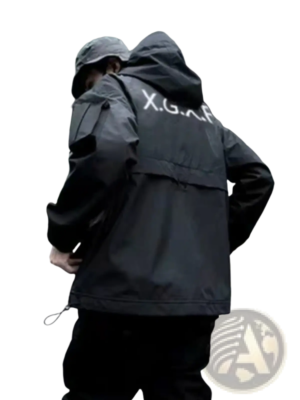 Black x.g.a.f. techwear tactical hoodie waterproof jacket showing the back side made of durable material for outdoor use