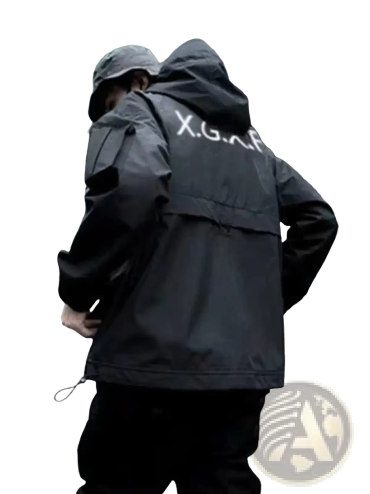 Black x.g.a.f. techwear tactical hoodie waterproof jacket showing the back side made of durable material for outdoor use