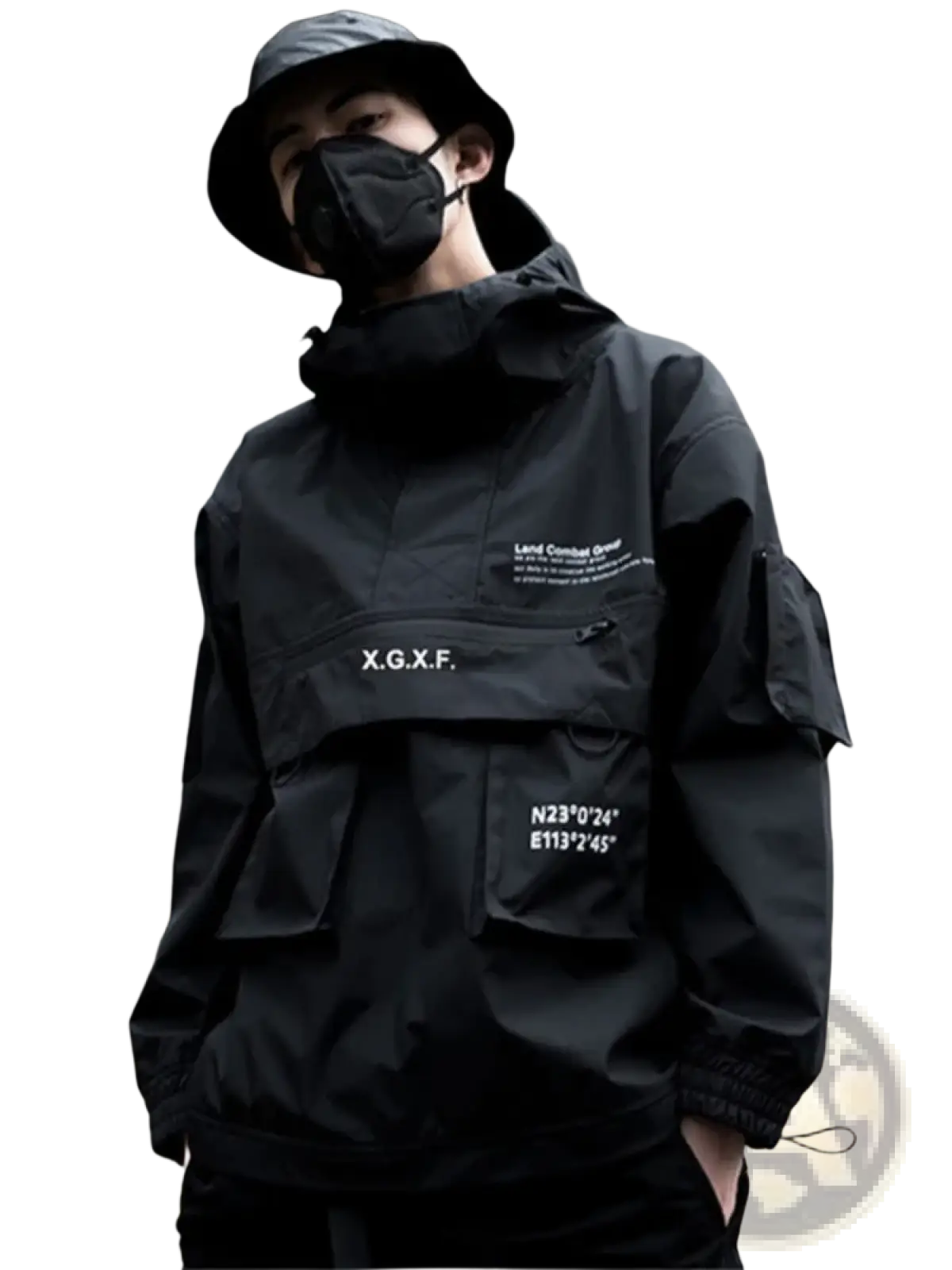 Black x.g.x.f techwear tactical hoodie waterproof jacket showing the back side with durable fabric and sleek design