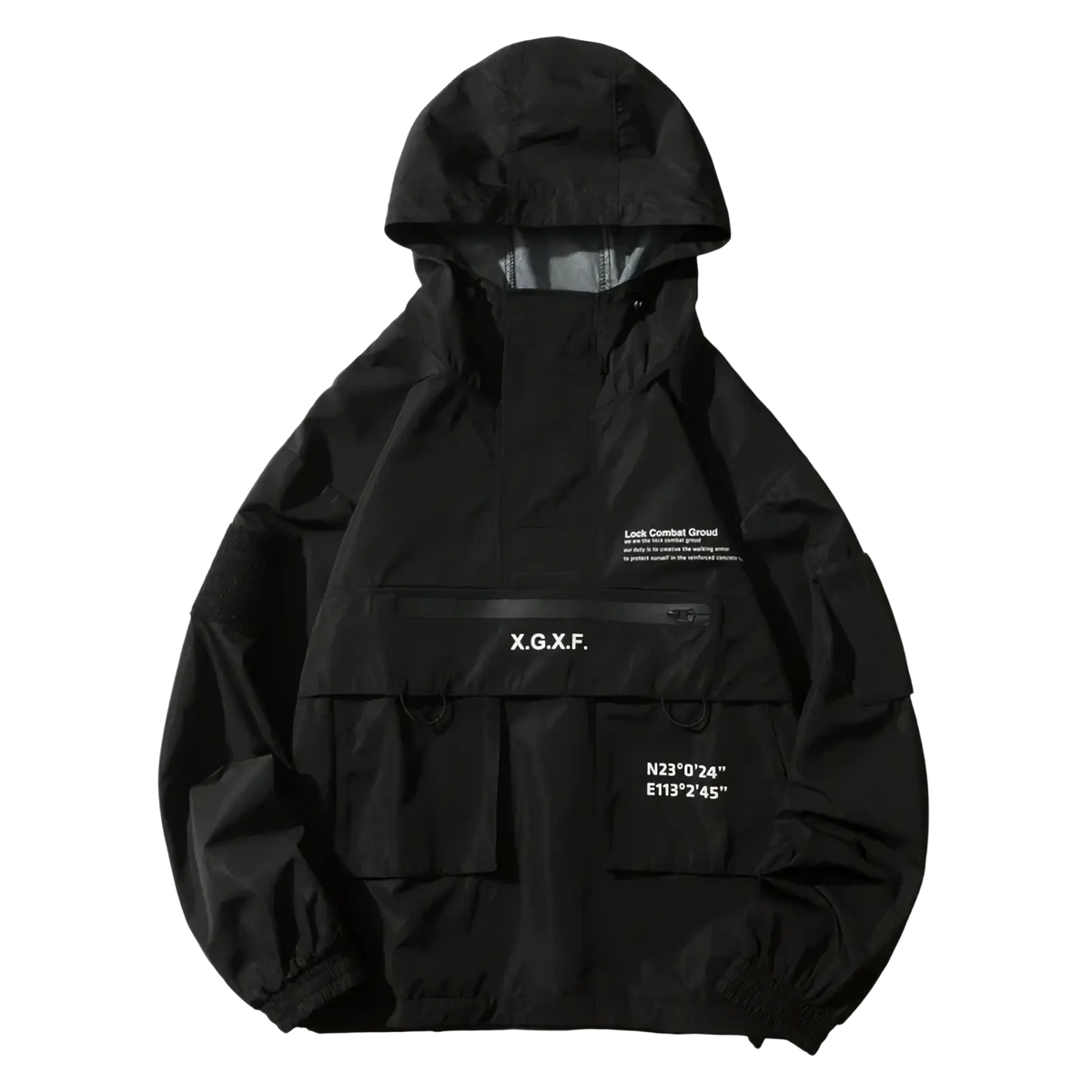 Black x.g.x.f techwear tactical hoodie waterproof jacket showing the back side with durable water-resistant fabric