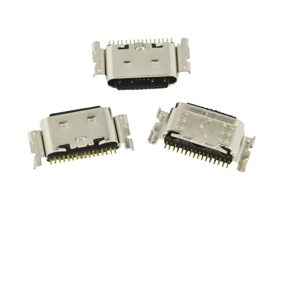 Silver usb-c charging port connector with gold-plated pins and metallic housing for tecno spark usb charging