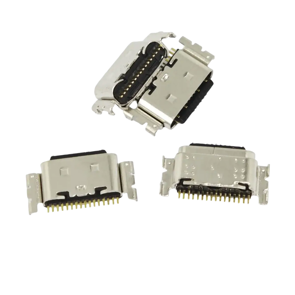 Silver tecno spark usb charging port flex cable with gold plated contacts and black rubberized inserts