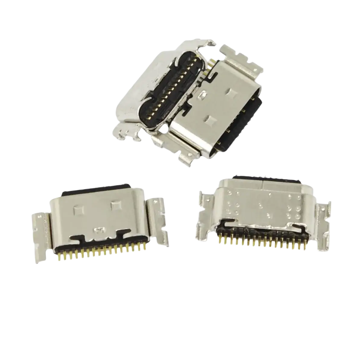 Silver tecno spark usb charging port flex cable with gold plated contacts and black rubberized inserts