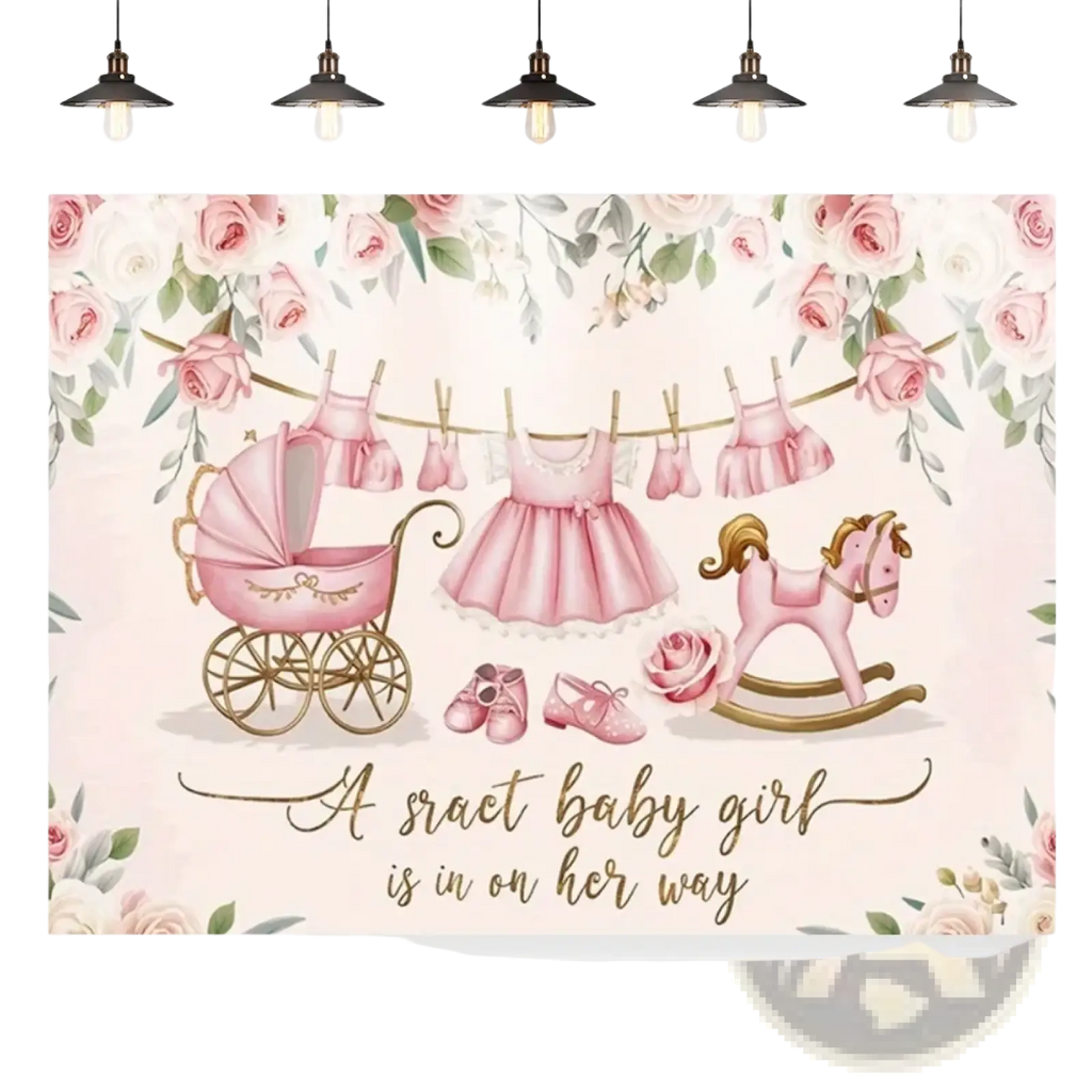 Pink teddy bear baby shower photography backdrop with vintage pram rocking horse clothing floral background