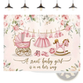 Pink teddy bear baby shower photography backdrop with vintage pram rocking horse clothing floral background