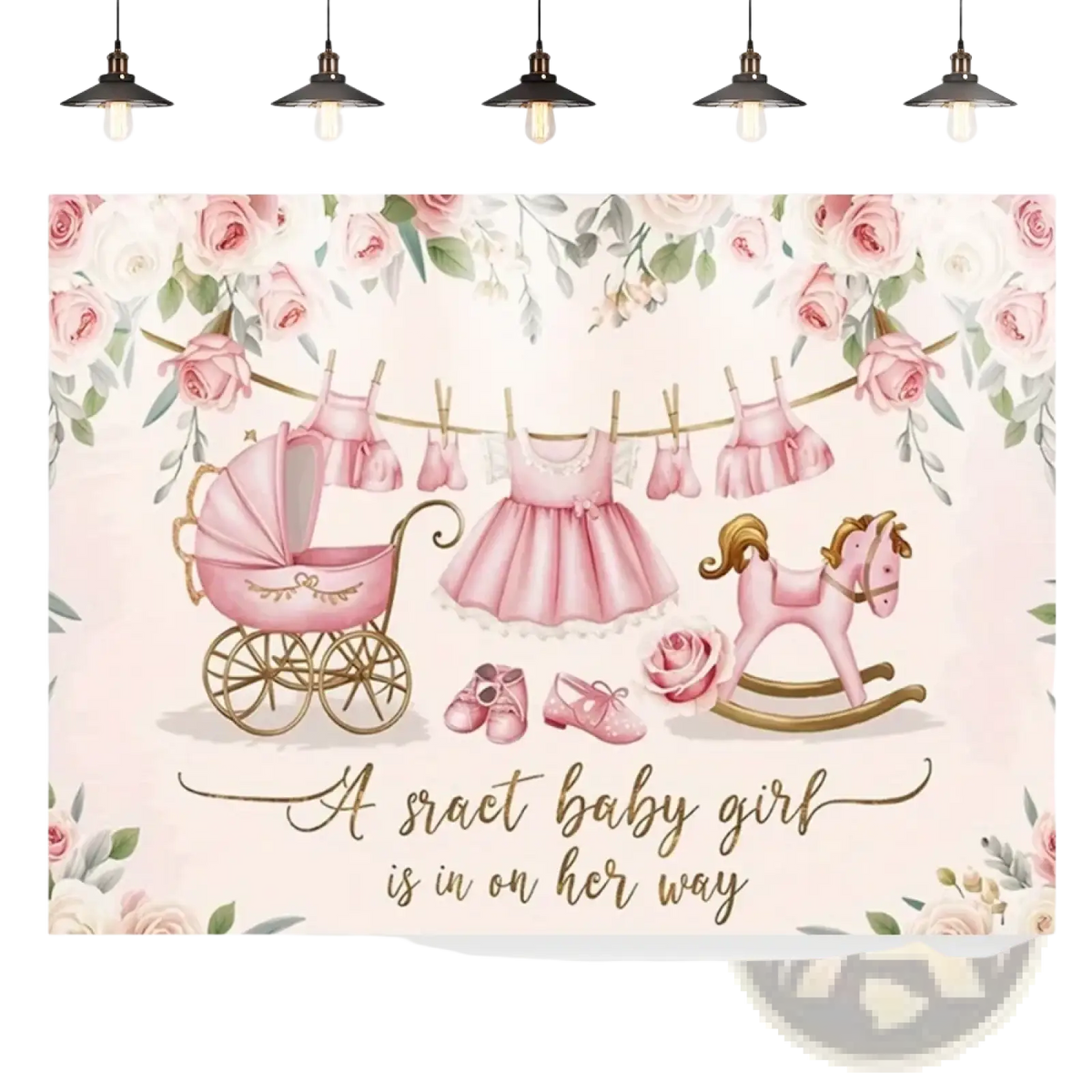 Pink teddy bear baby shower photography backdrop with vintage pram rocking horse clothing floral background