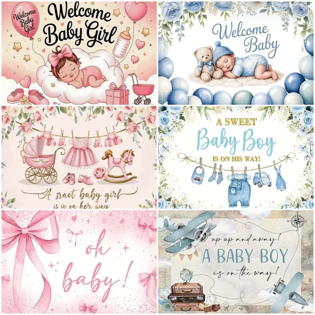 Pink and blue teddy bear baby shower photography backdrop with printed scenes of babies toys clothing and airplanes