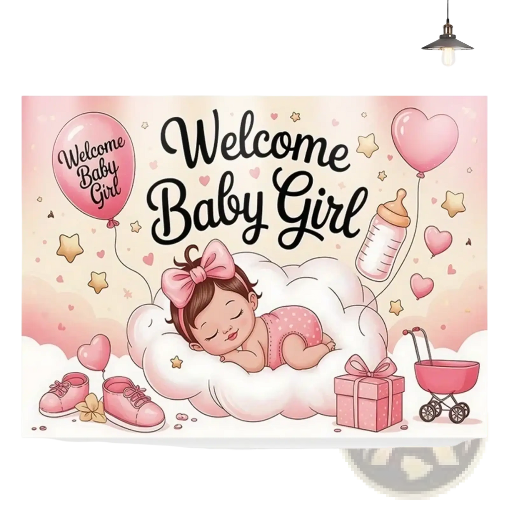 Teddy bear baby shower photography backdrop with pink welcome baby girl theme featuring sleeping baby girl and balloons