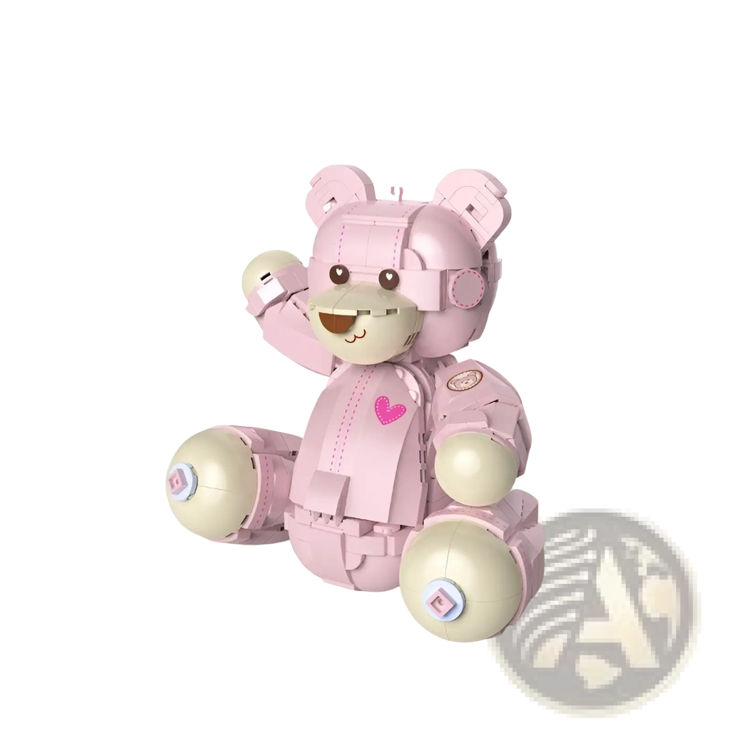 Pink robotic teddy bear toy with beige spherical joints and pink heart emblem from 730 piece building blocks set