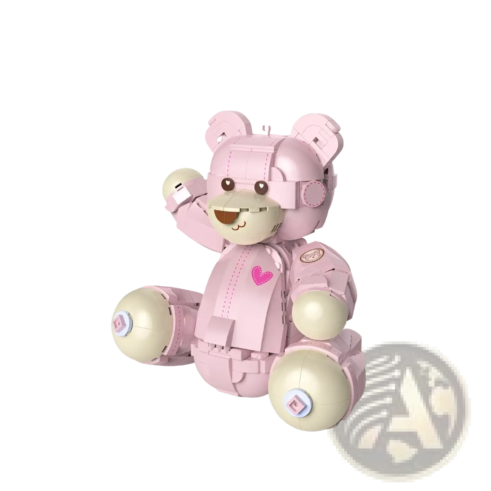 Pink robotic teddy bear toy with beige spherical joints and pink heart emblem from 730 piece building blocks set