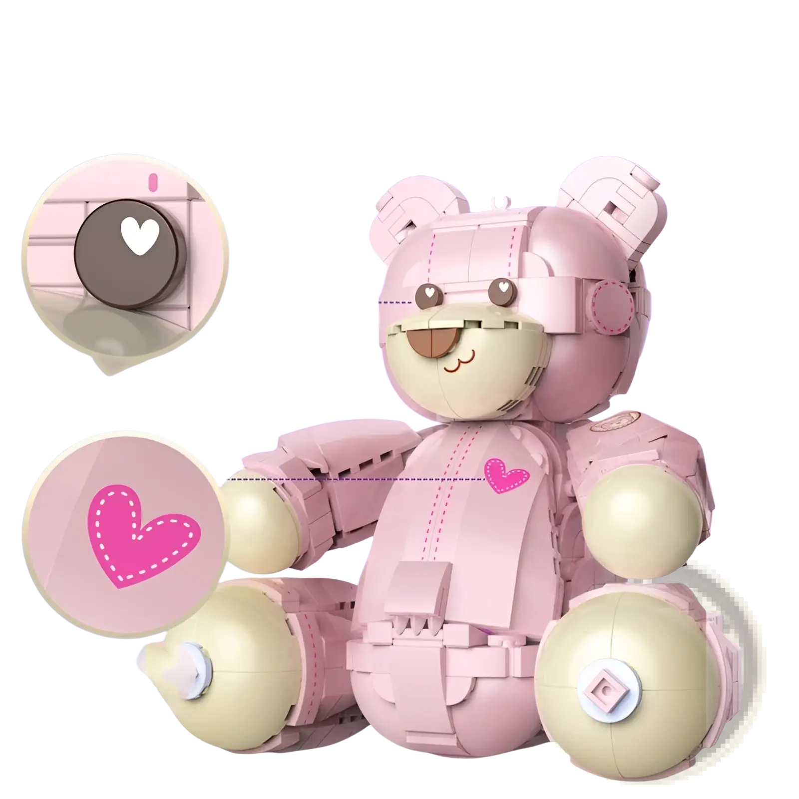 Pink and cream-colored robotic teddy bear made of interlocking plastic bricks with heart-shaped accents on chest and ears