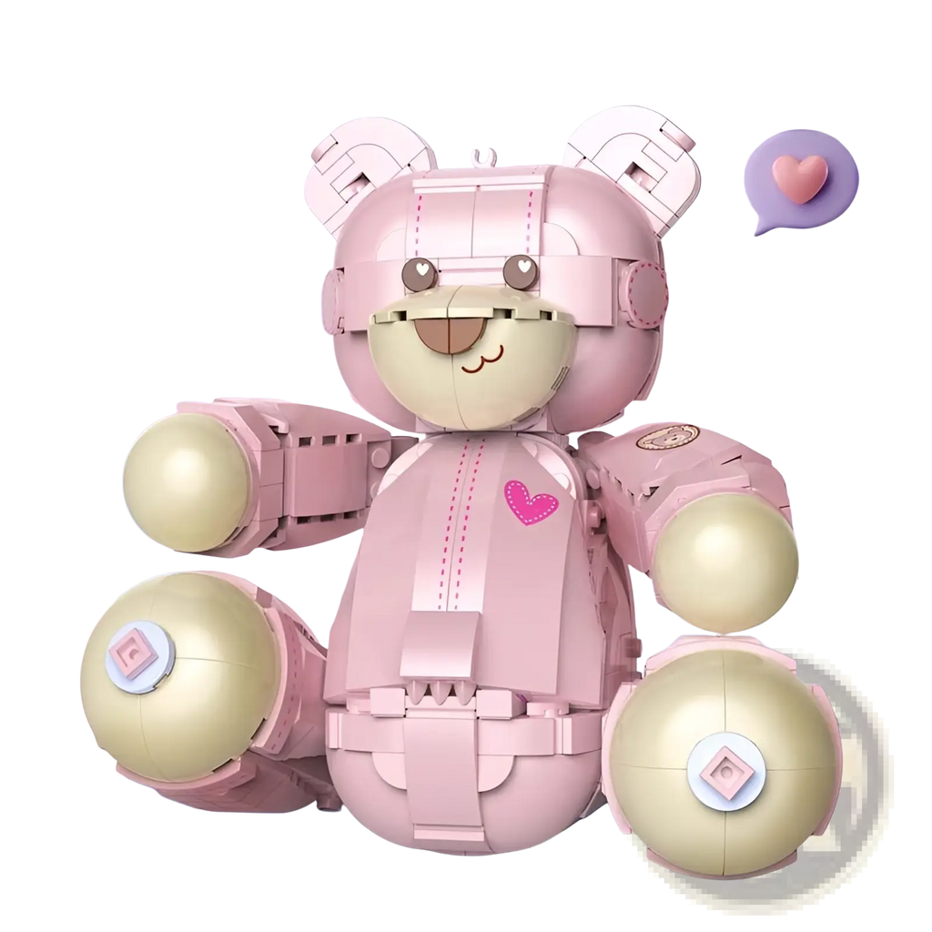 Pink robotic teddy bear built from 730 interlocking plastic bricks with beige joints and a small heart emblem
