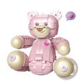 Pink robotic teddy bear built from 730 interlocking plastic bricks with beige joints and a small heart emblem