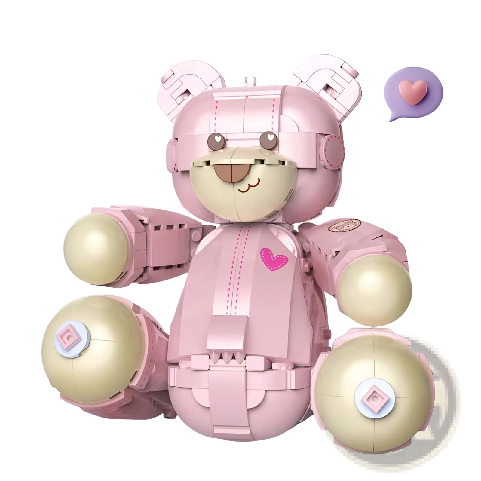 Pink robotic teddy bear built from 730 interlocking plastic bricks with beige joints and a small heart emblem