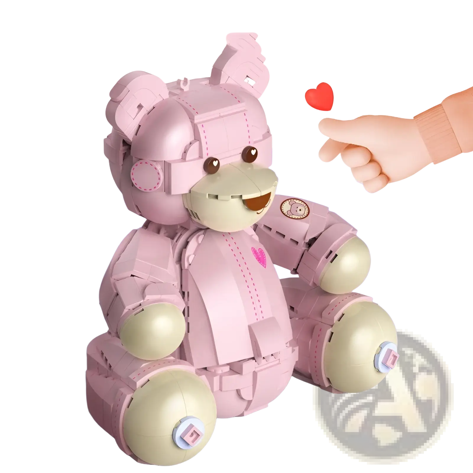 Pink robotic teddy bear constructed from interlocking plastic bricks with beige joints and pink heart emblem on chest