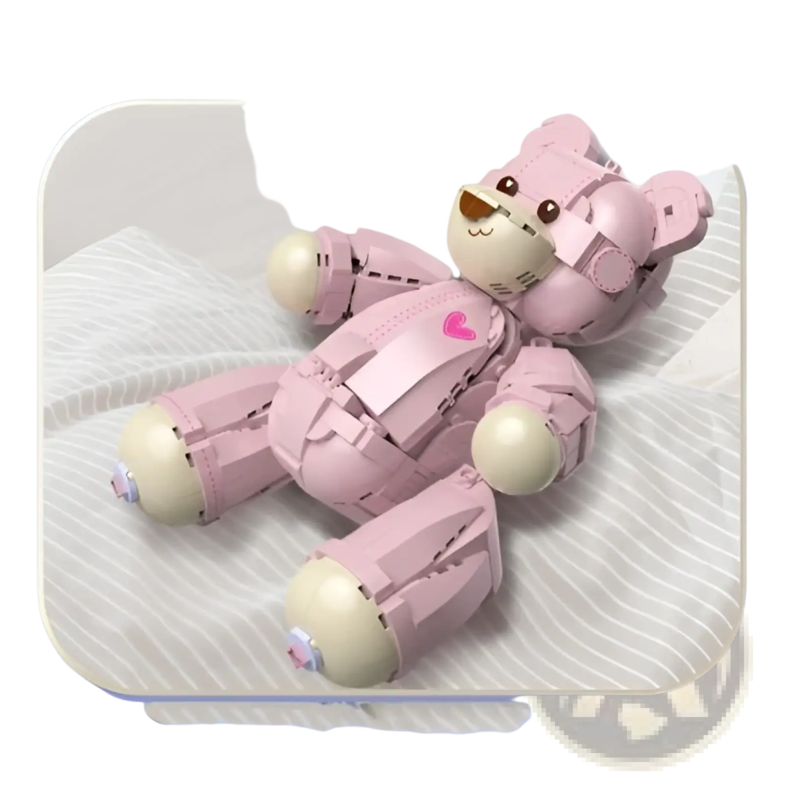 Pink robotic teddy bear toy with beige joints and heart emblem made of building blocks 730 pieces for kids