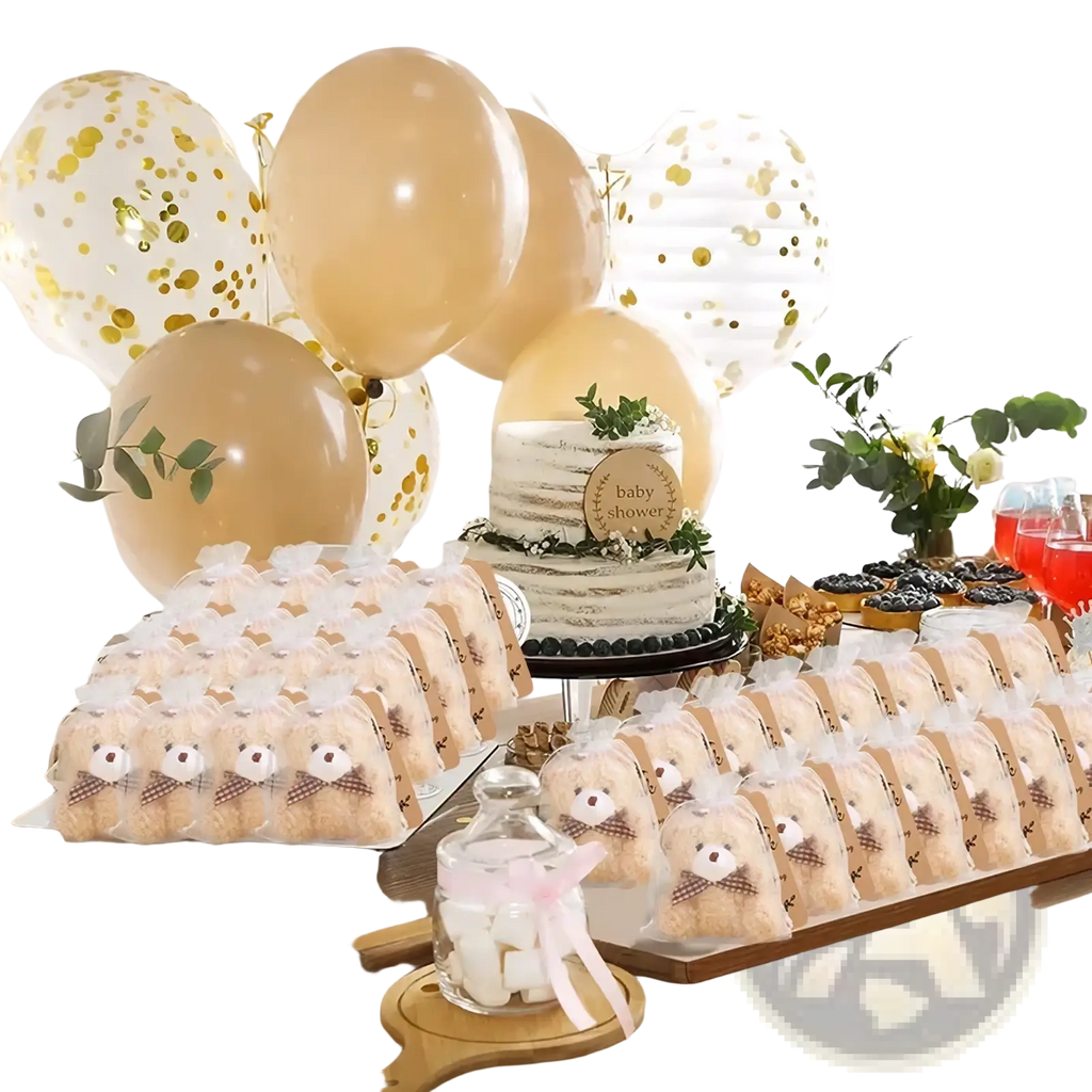 Adorable beige teddy bear favors with brown checkered bow ties wrapped in clear organza bags set for parties