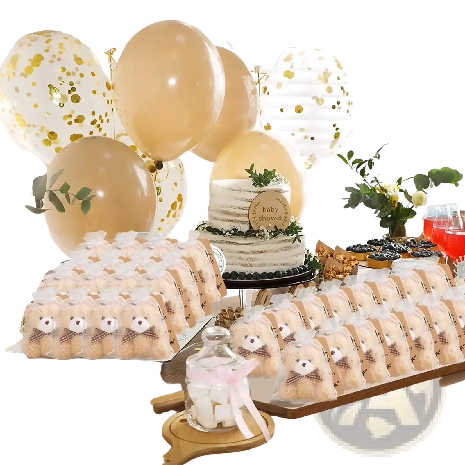 Adorable beige teddy bear favors with brown checkered bow ties wrapped in clear organza bags set for parties