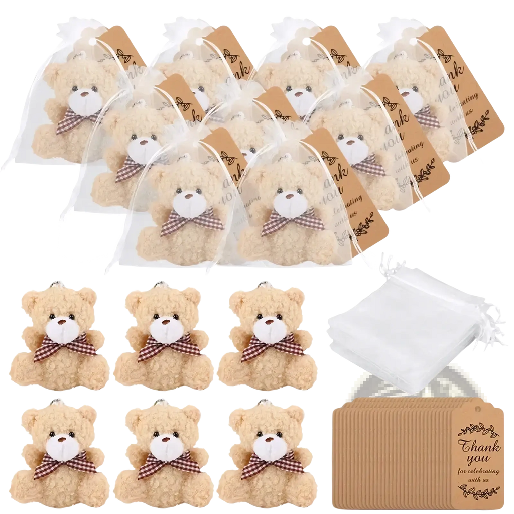 Beige plush teddy bear favors with brown and white checkered bows in organza bags set for party gifts