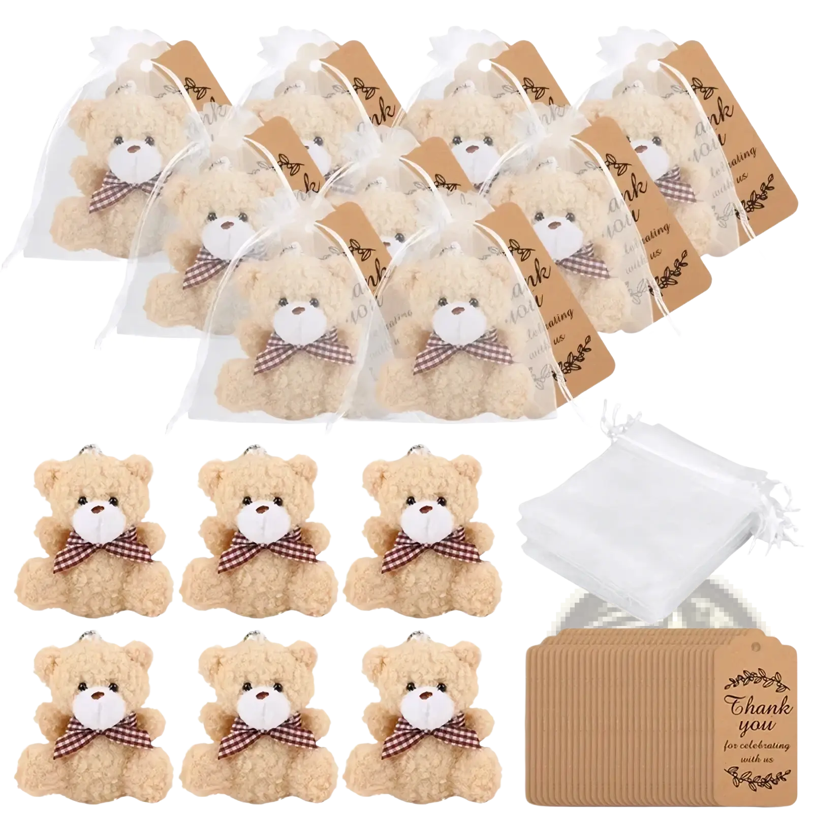 Beige plush teddy bear favors with brown and white checkered bows in organza bags set for party gifts