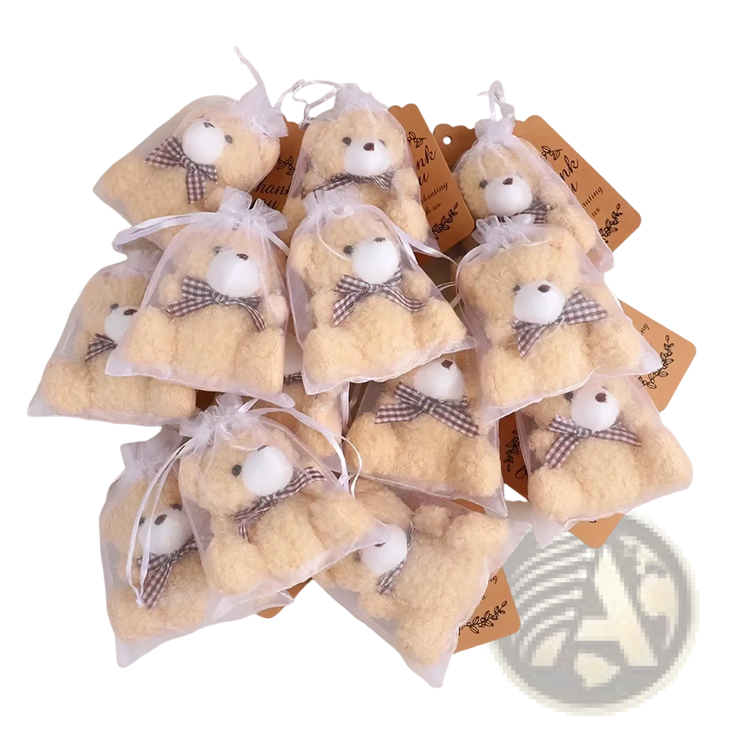 Cute beige plush teddy bear keychains with black button eyes white stitched noses and plaid bows in organza bags set