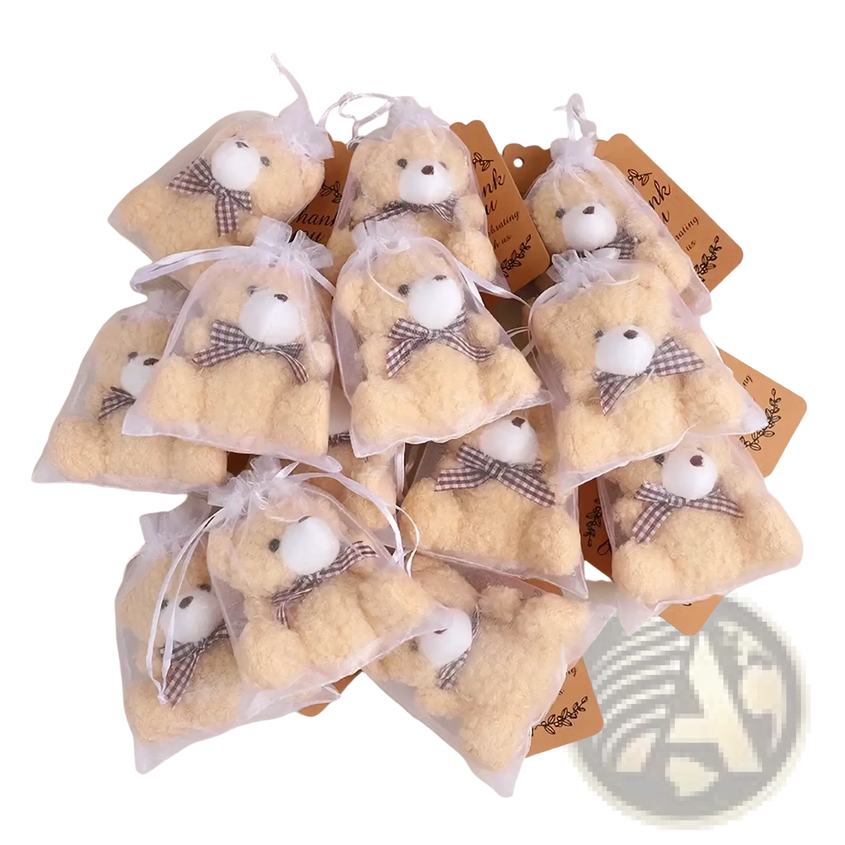 Cute beige plush teddy bear keychains with black button eyes white stitched noses and plaid bows in organza bags set