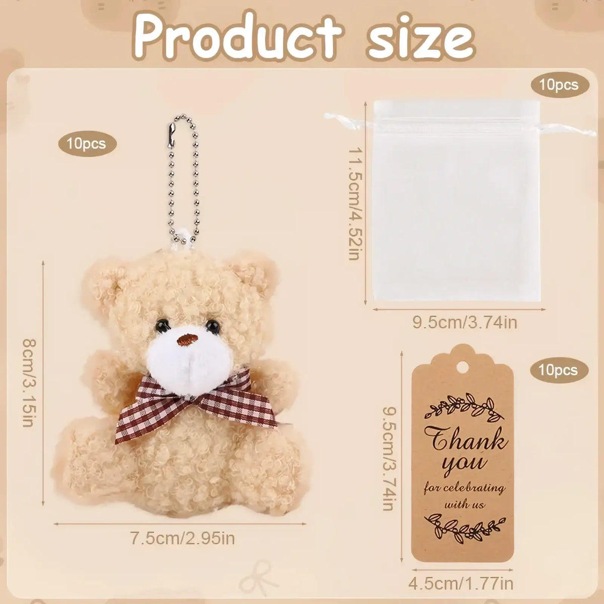 Cute beige plush teddy bear keychain with white snout black eyes brown nose and checkered bow tie in organza bag set