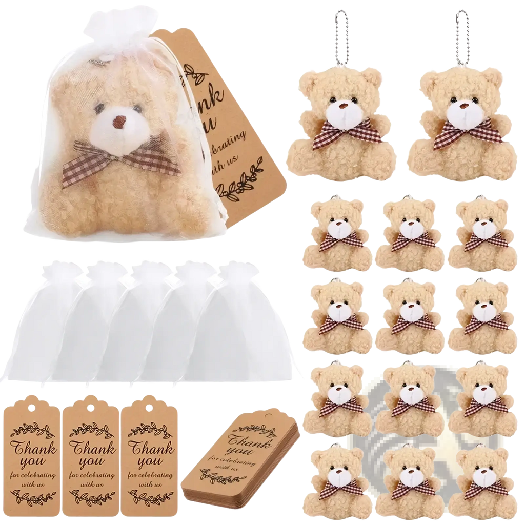 Fuzzy beige teddy bear keychains with white faces brown button noses and red and white checkered bows in organza bags set
