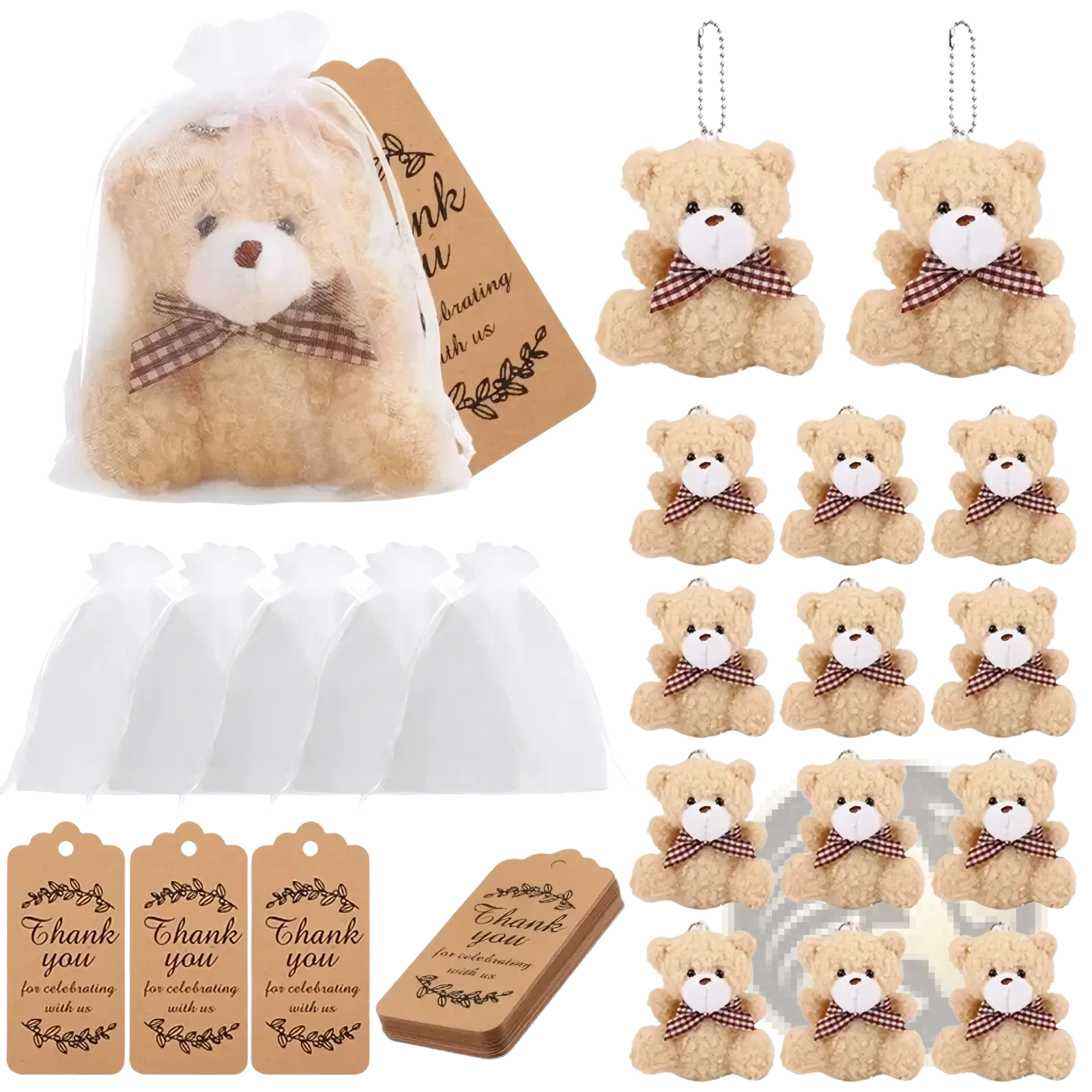 Fuzzy beige teddy bear keychains with white faces brown button noses and red and white checkered bows in organza bags set