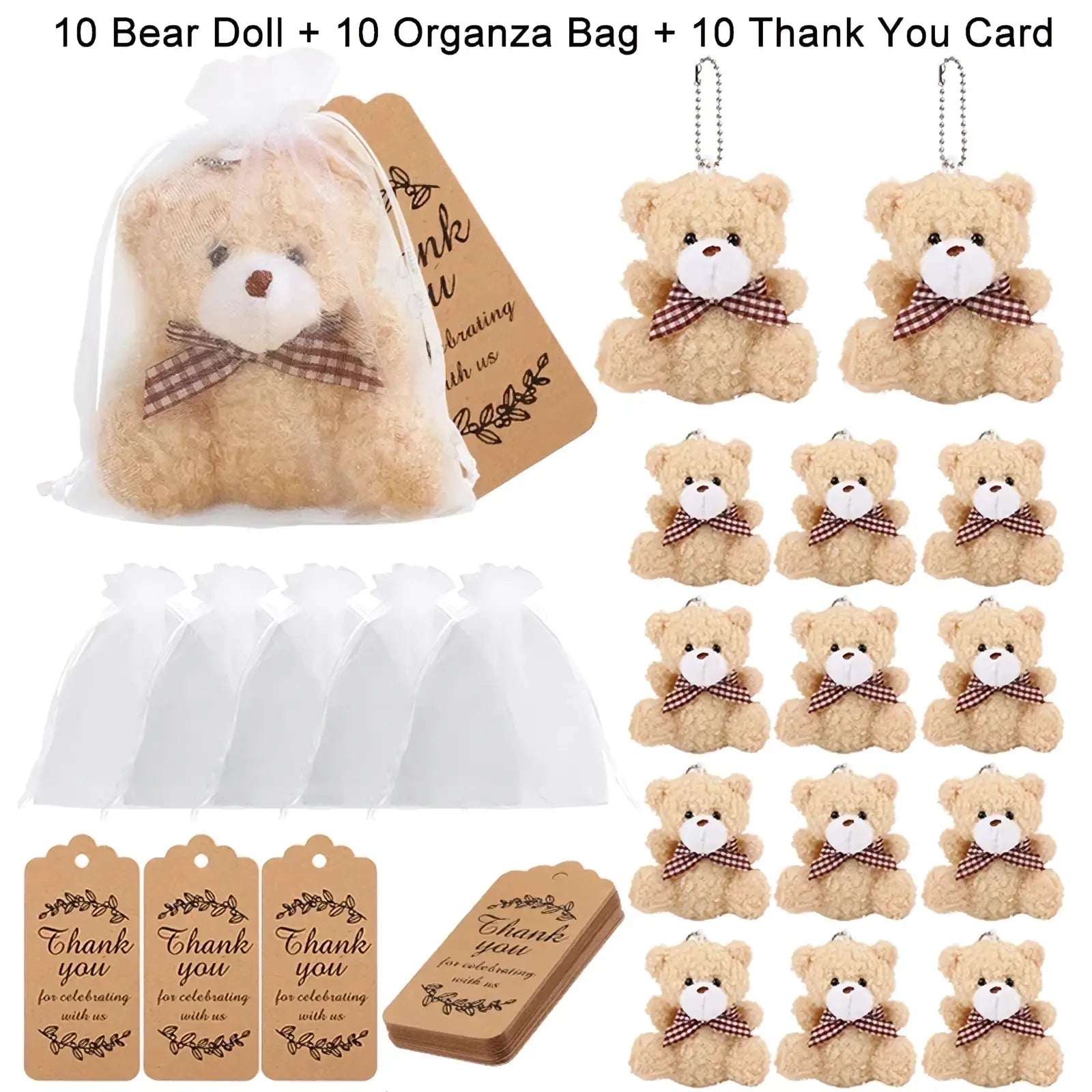 Tan plush teddy bear keychain with red nose and brown plaid bow tie included in teddy bear favors with organza bags set