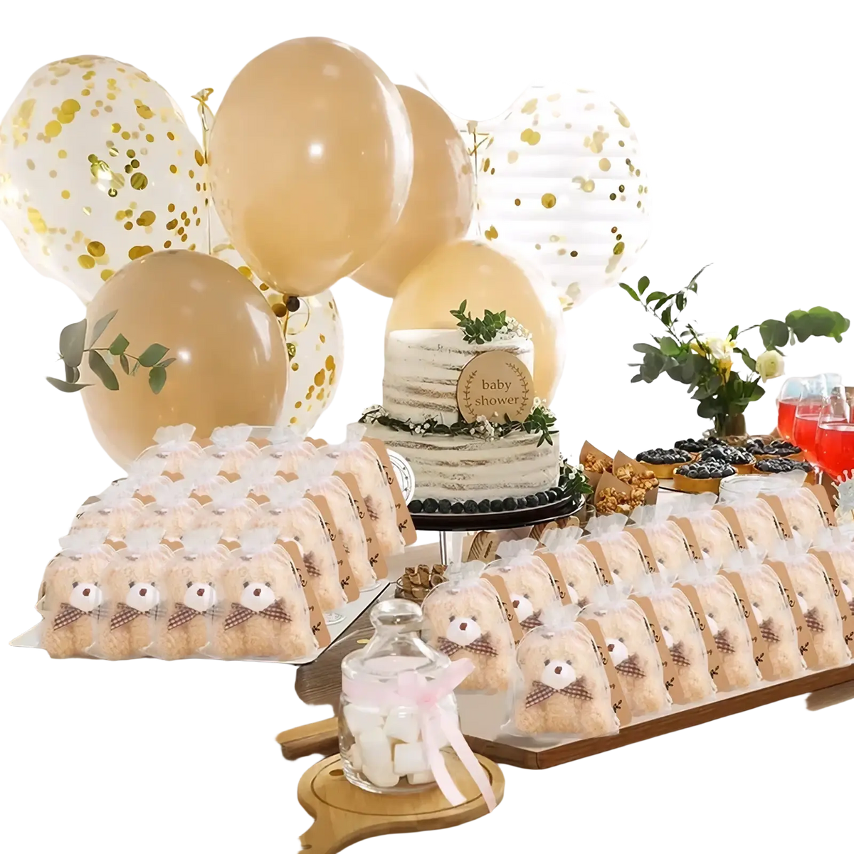 Adorable beige teddy bear favors with brown checkered bow ties wrapped in clear organza bags set for parties